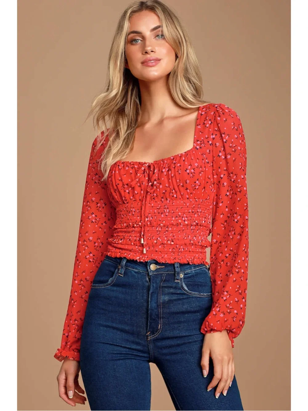 Sz XS Free People Lolita Red Floral Print Smocked Long Sleeve Crop Top EUC